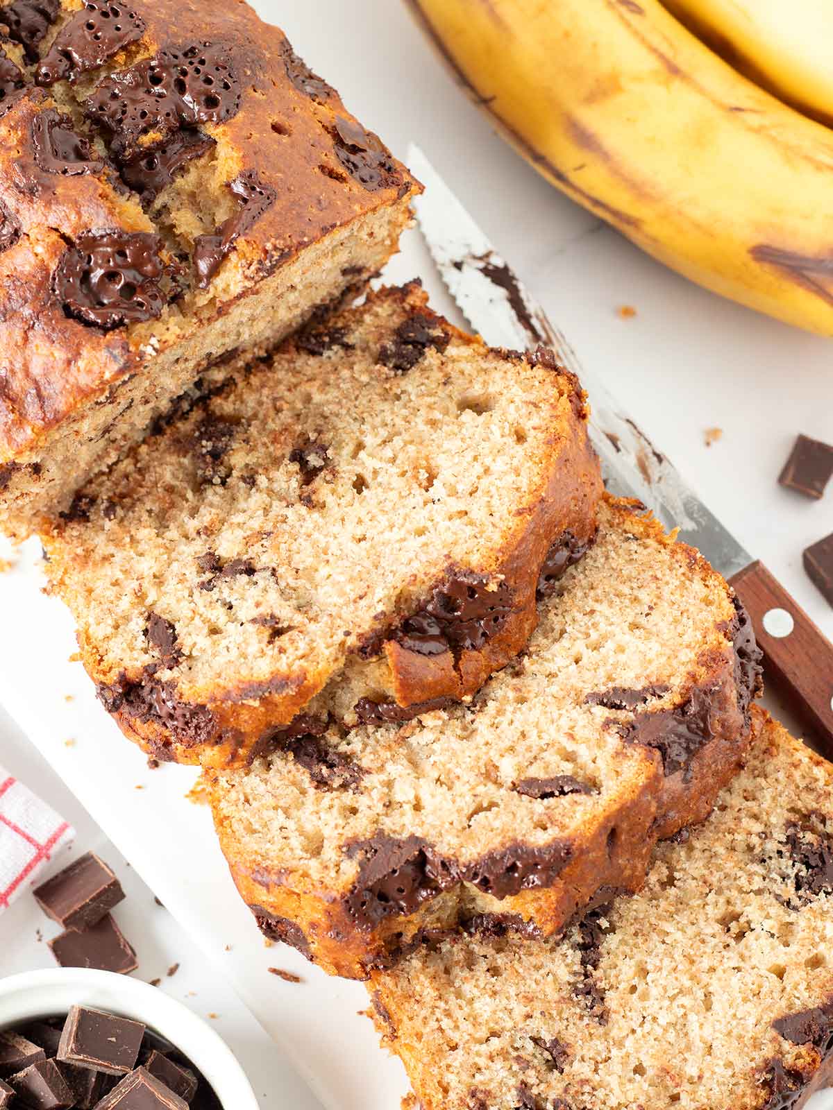 Moist homemade chocolate chunk banana brad without baking soda.
