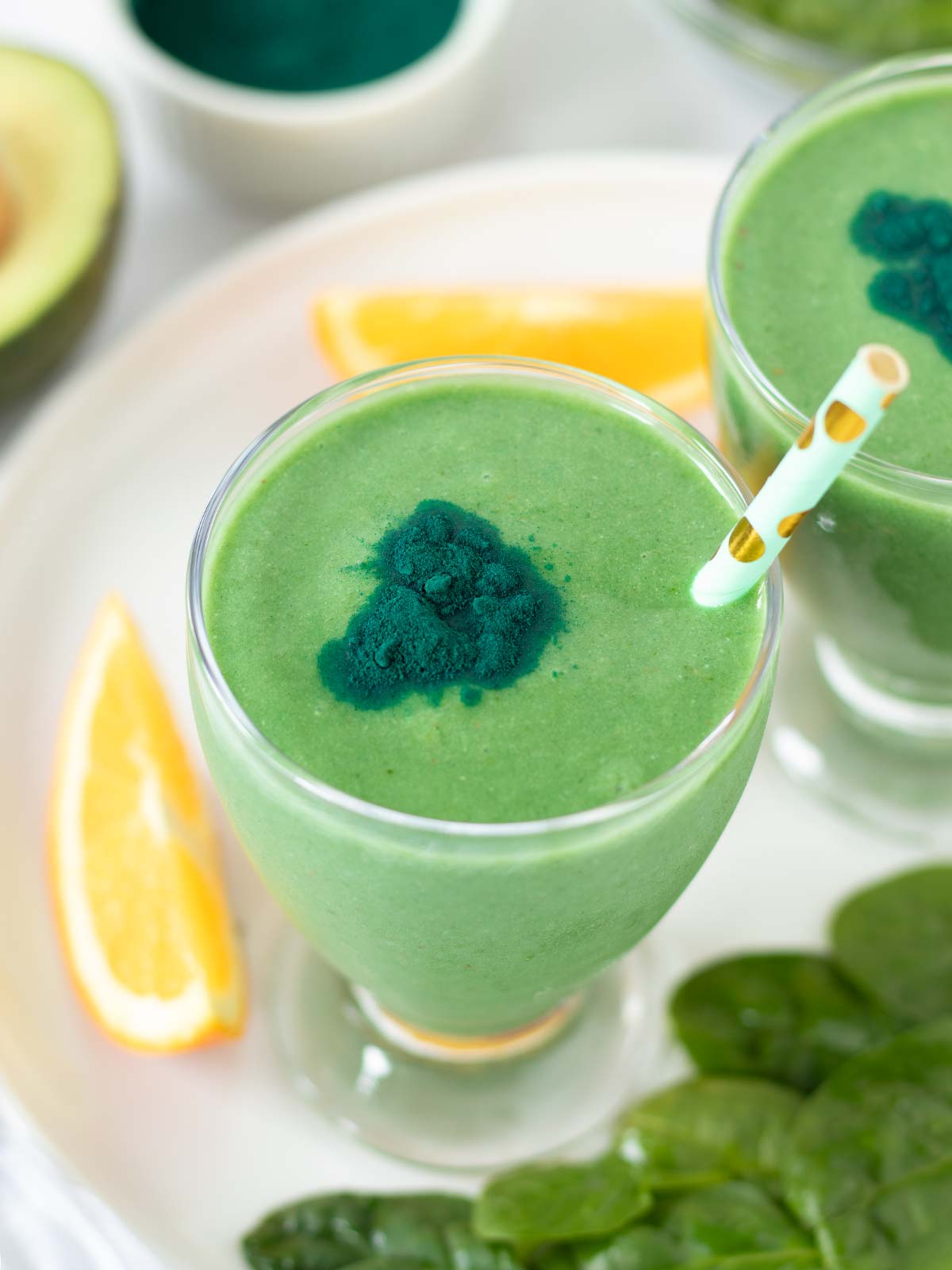 Green spirulina smoothie protein morning drink (healthy vegan shake).