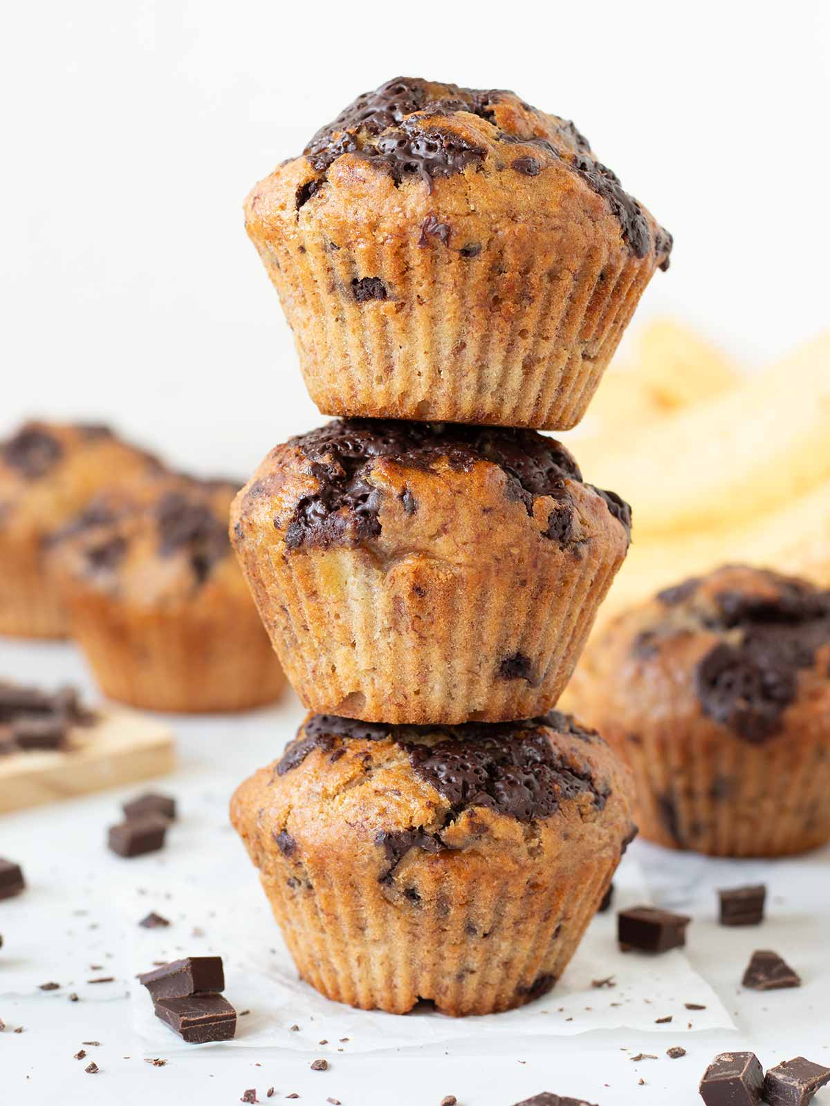 Moist and fluffy banana chocolate chunk muffins.