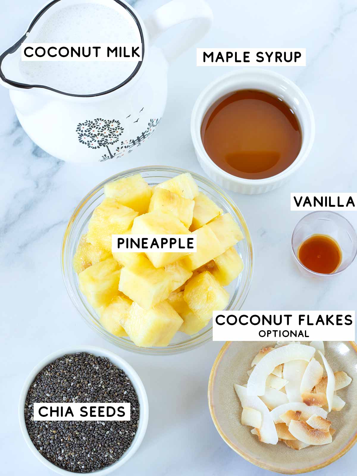 Pineapple coconut chia seed pudding ingredients.