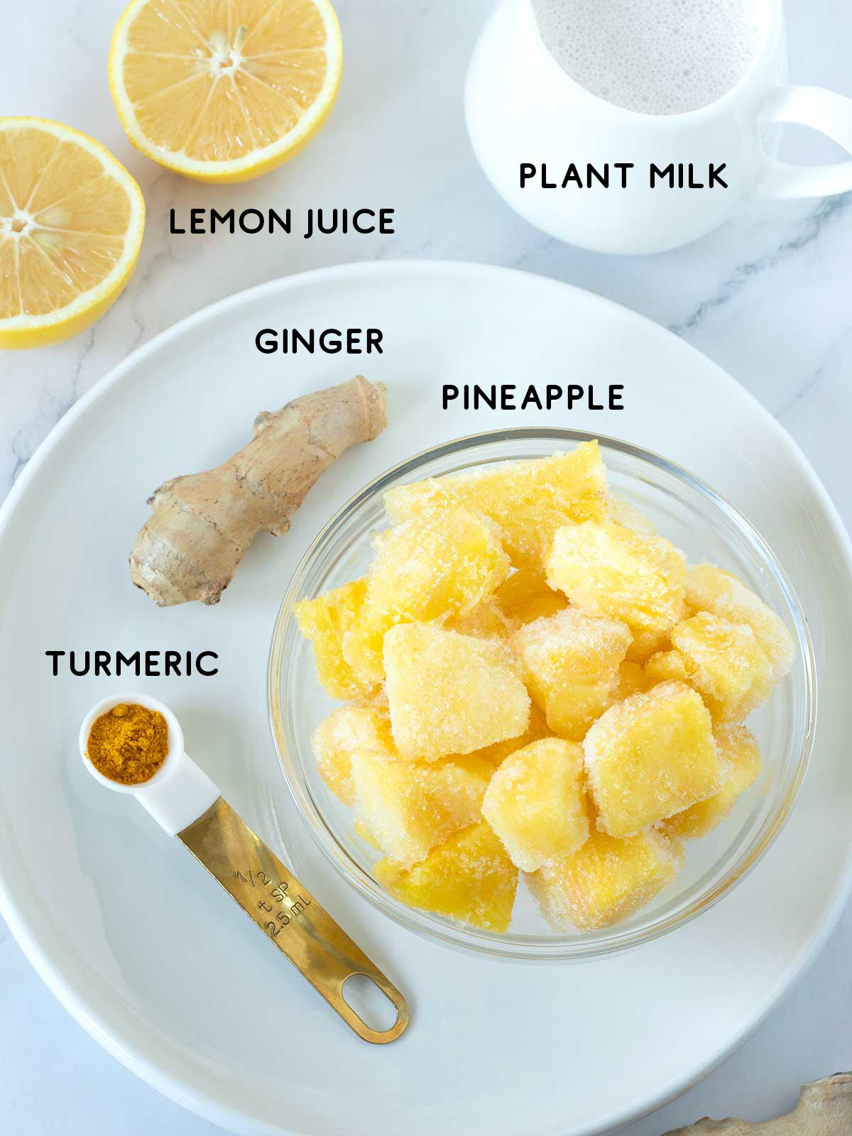 Pineapple ginger smoothie ingredients.