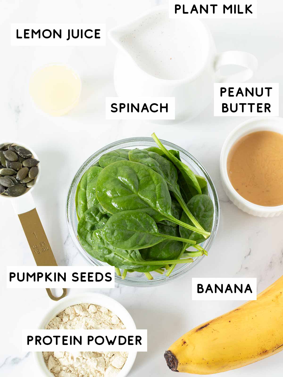 Plant-based ingredients for healthy green protein smoothie for breakfast.