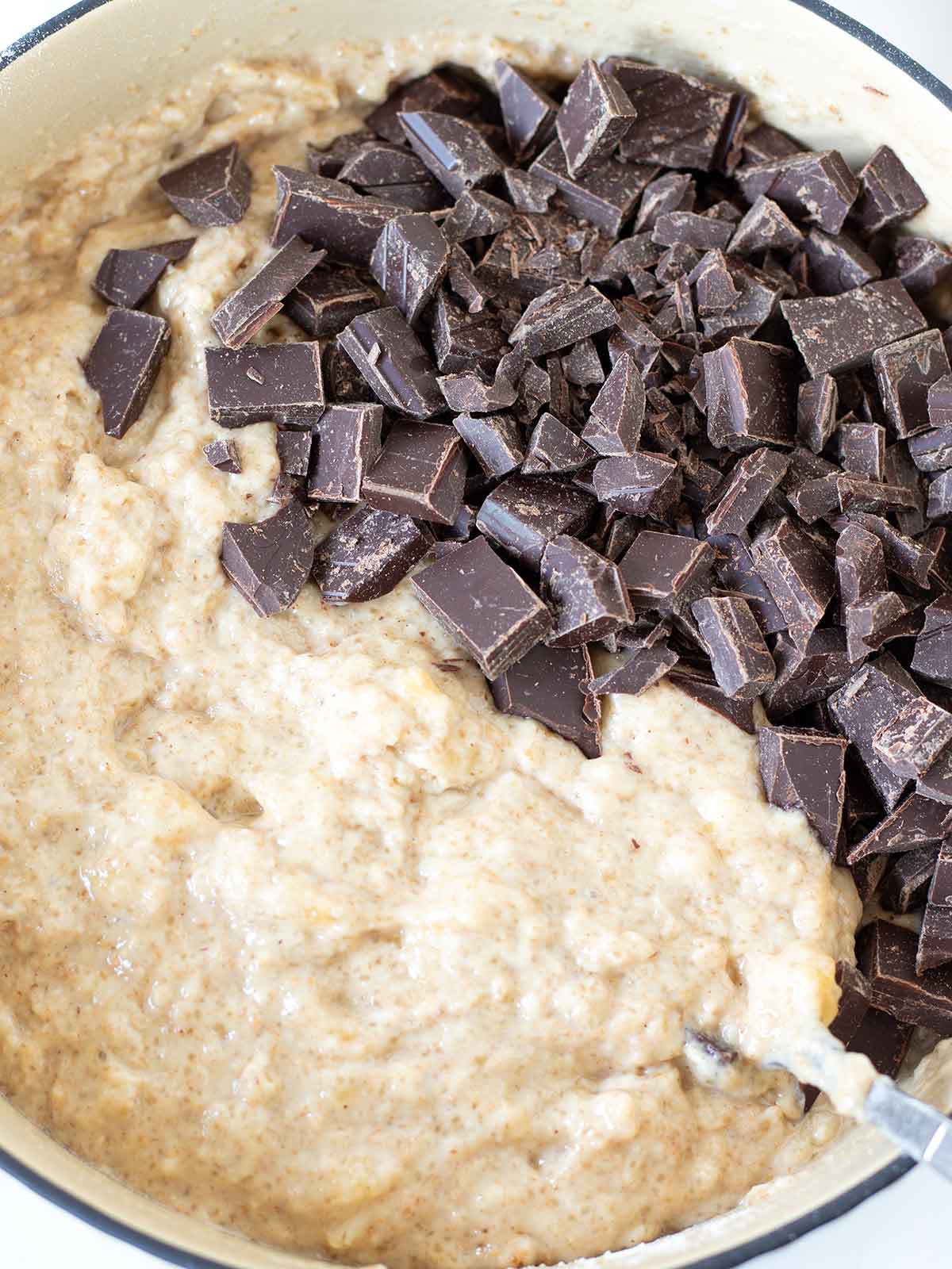Vegan batter for chocolate chunk banana muffins.