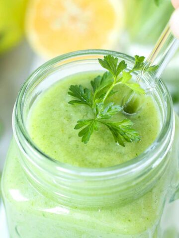 Green parsley smoothie with pineapple, avocado, cucumber, and apple (no banana).