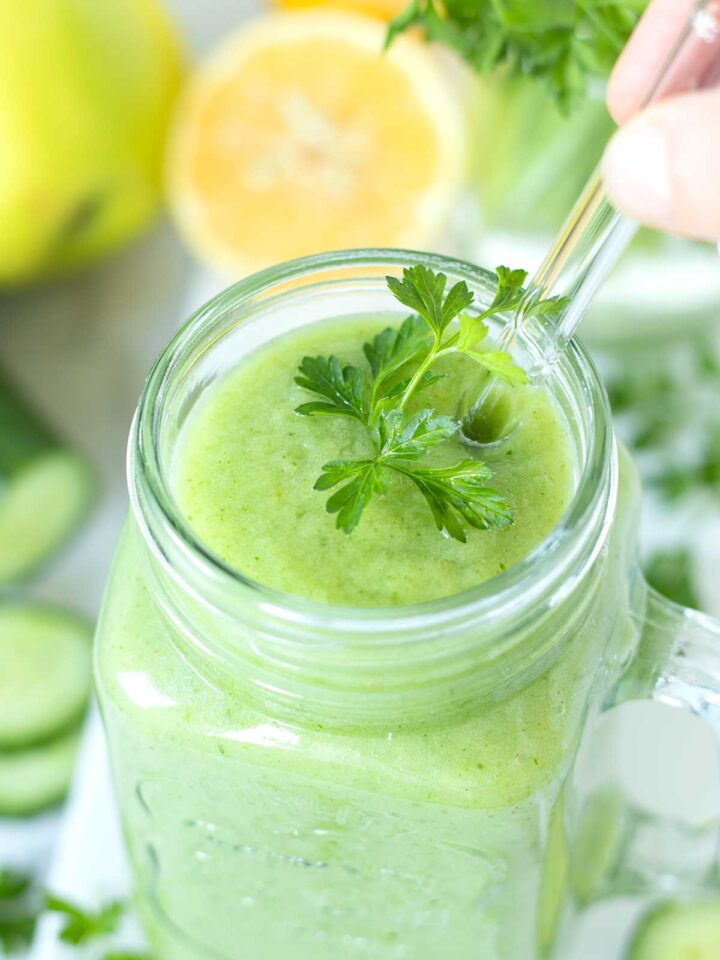 Green parsley smoothie with pineapple, avocado, cucumber, and apple (no banana).