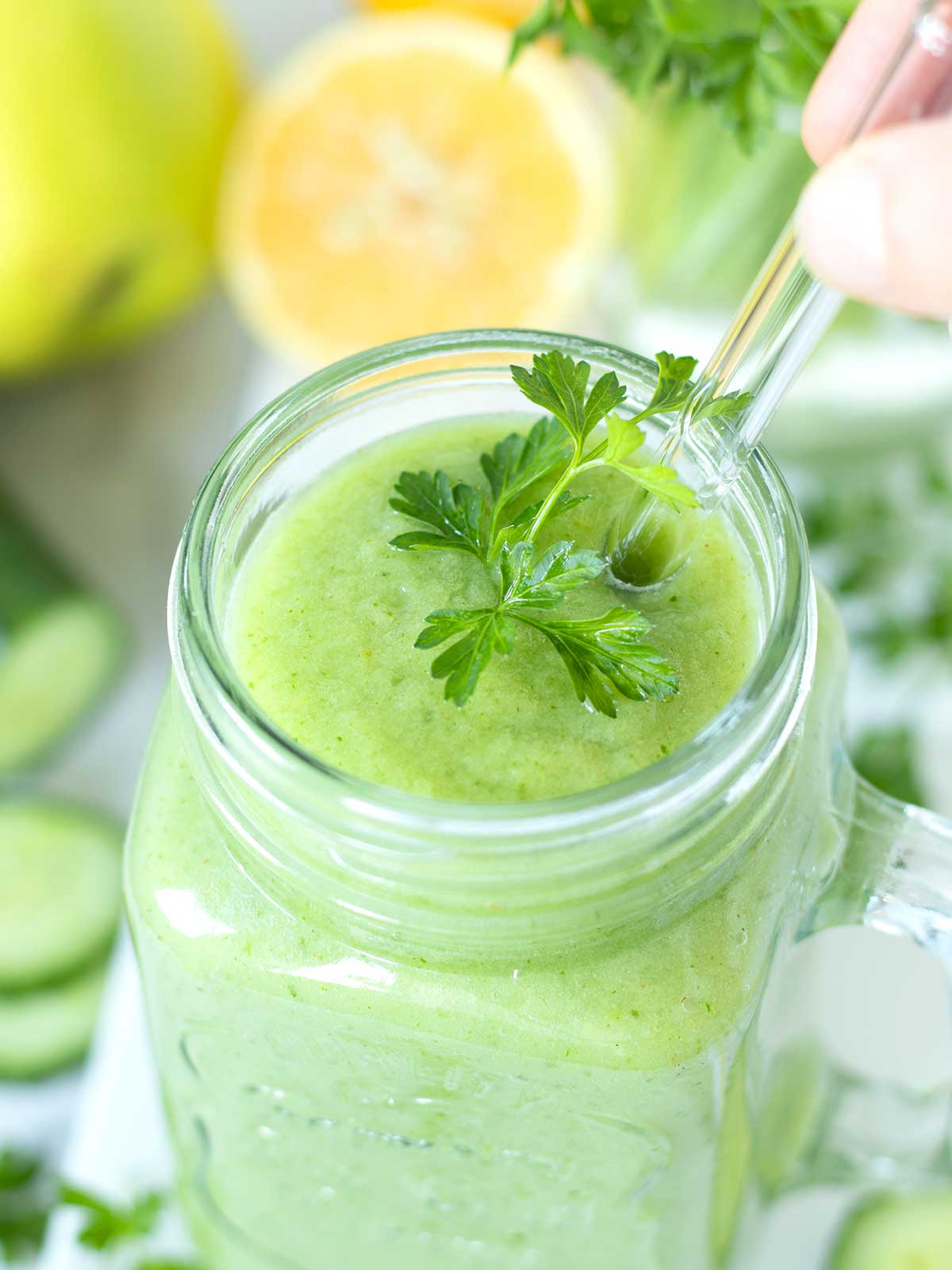 Green parsley smoothie with pineapple, avocado, cucumber, and apple (no banana).