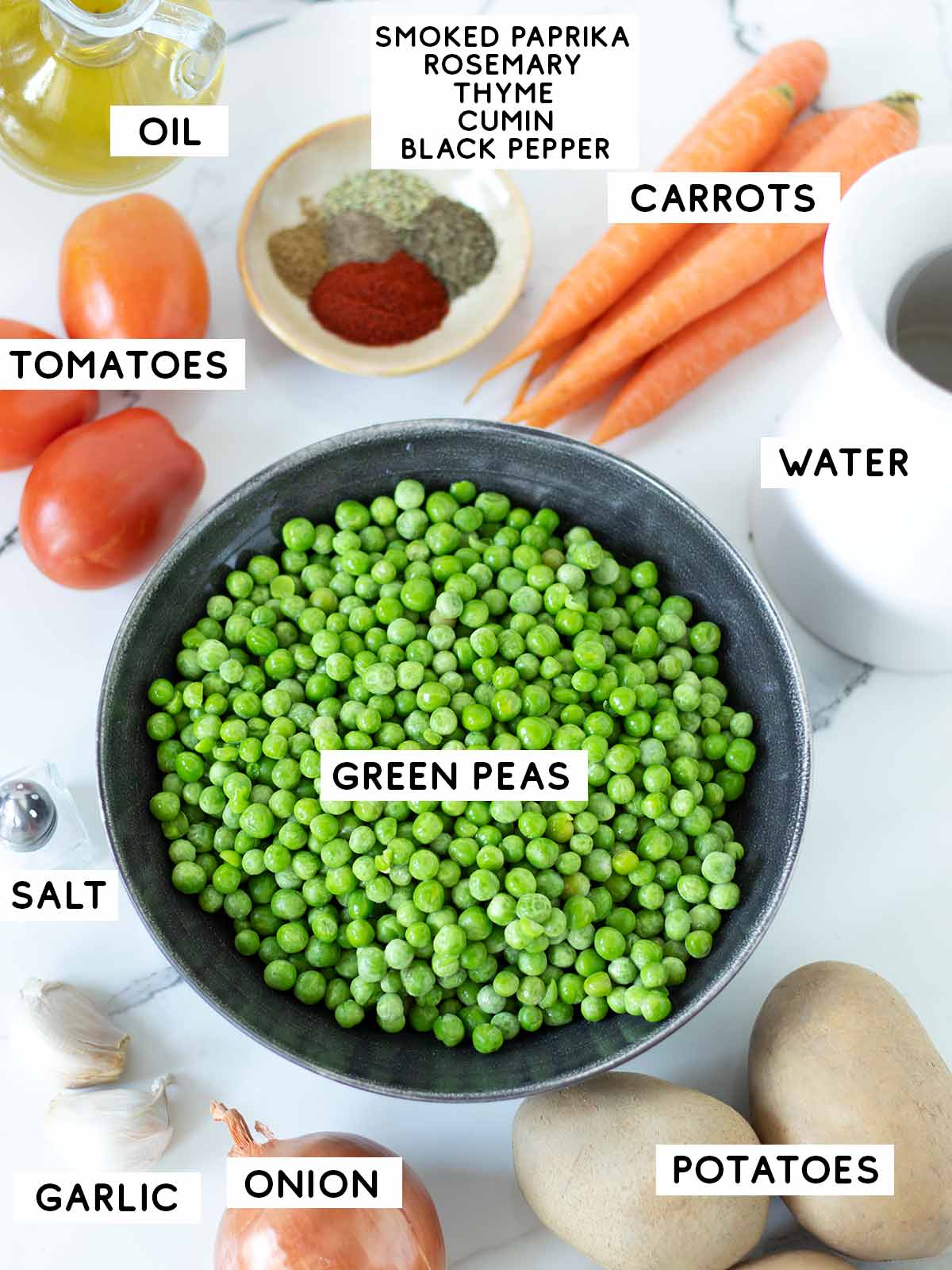 Green peas stew ingredients.