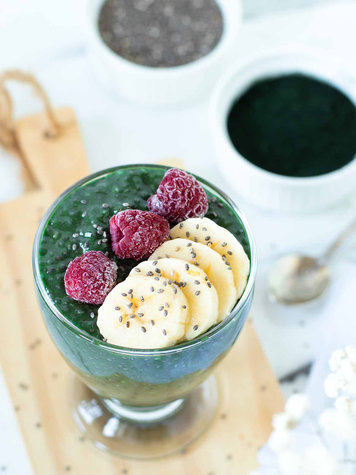 Green spirulina chia pudding with vegan protein powder.