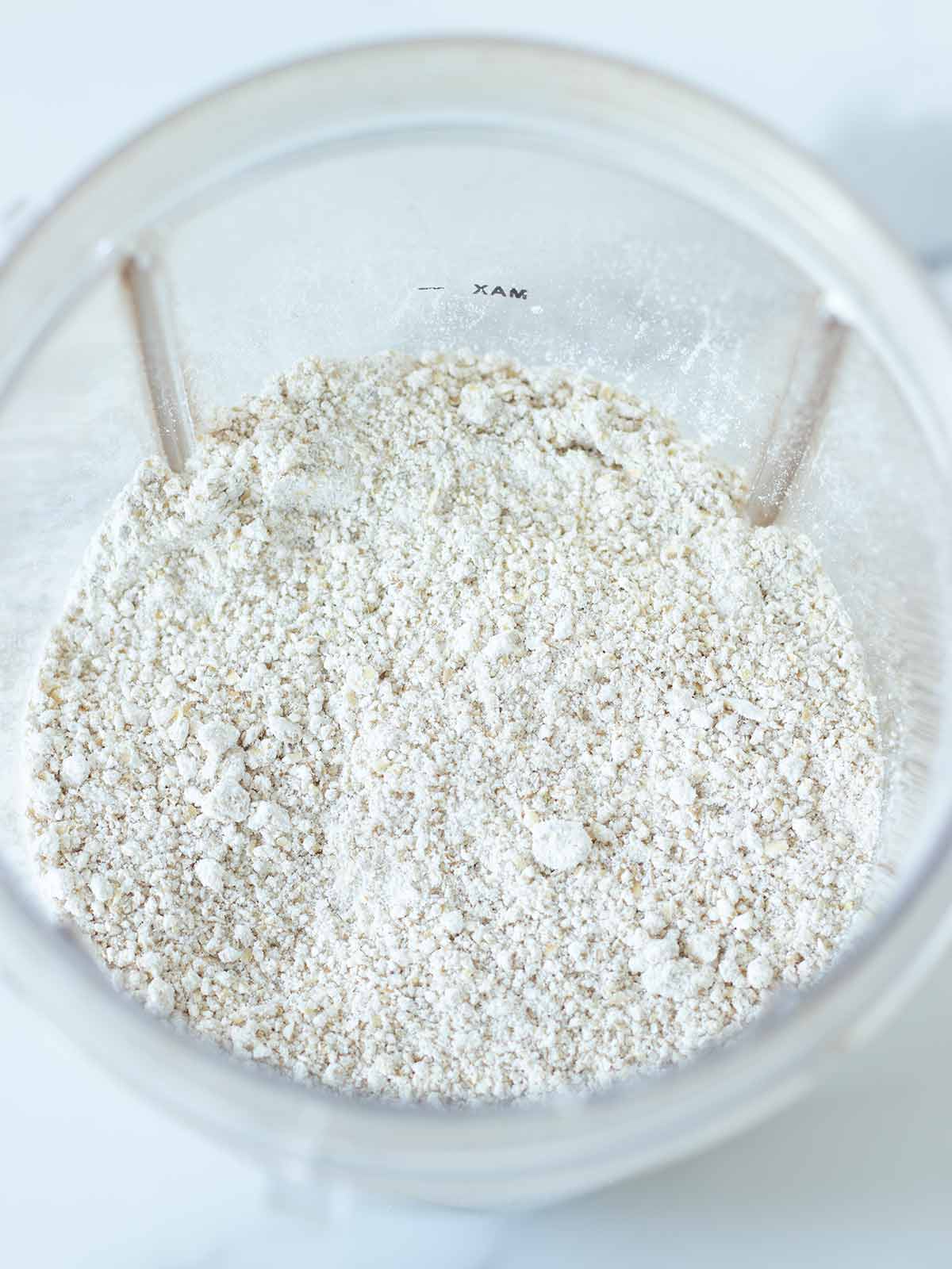 Blended oatmeal into oat flour for vegan pancakes.