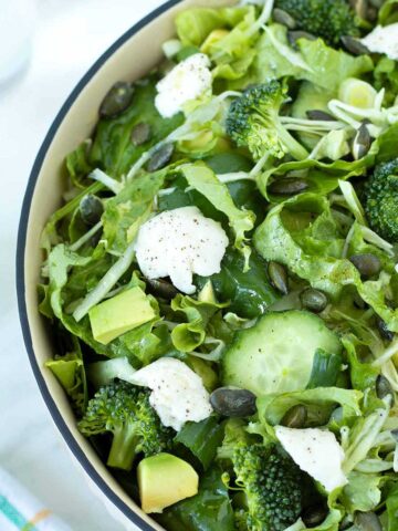 Super green salad with fresh mixed vegetables and simple apple cider vinegar olive oil dressing.