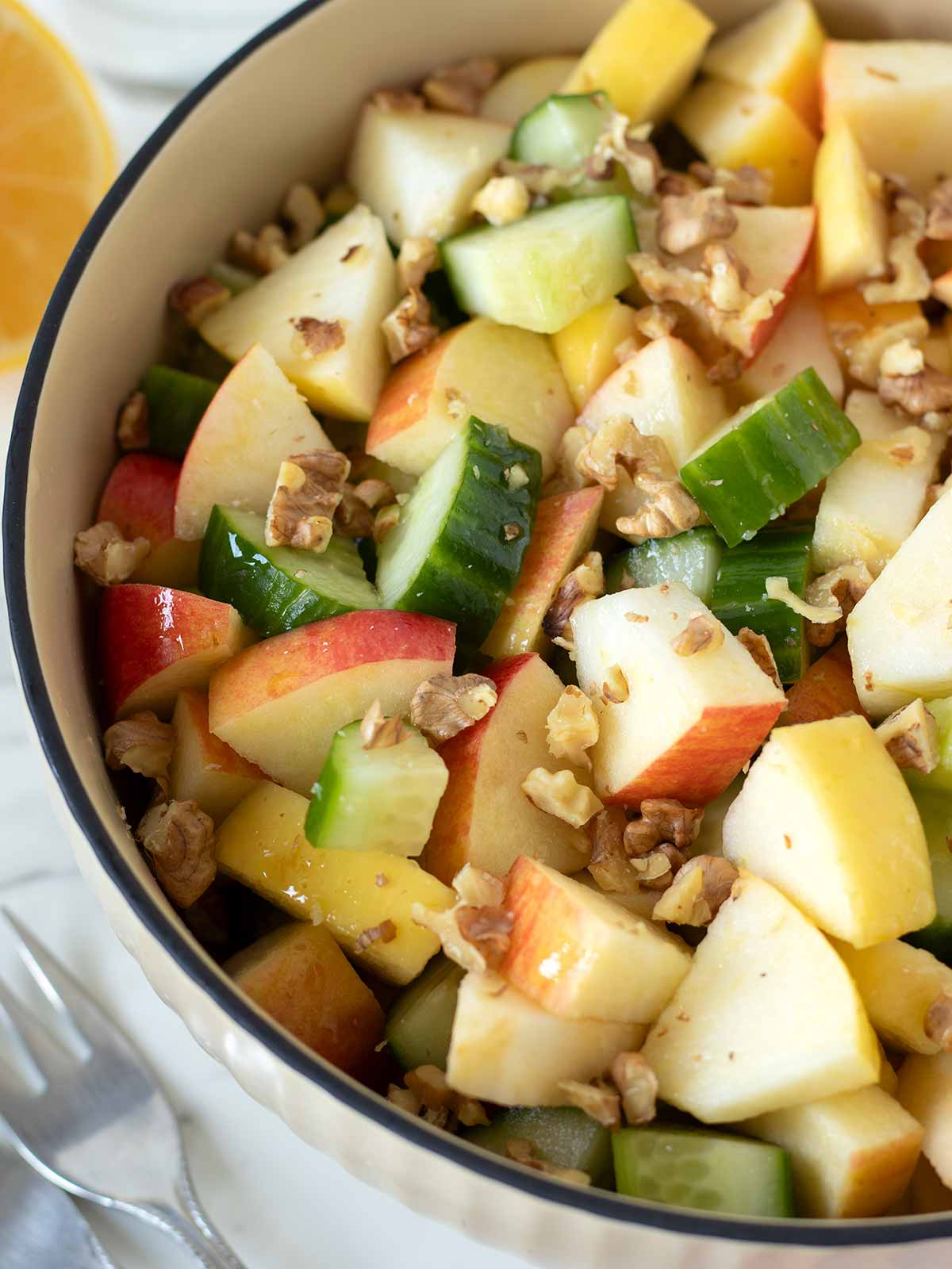 Crunchy cucumber apple walnut salad.