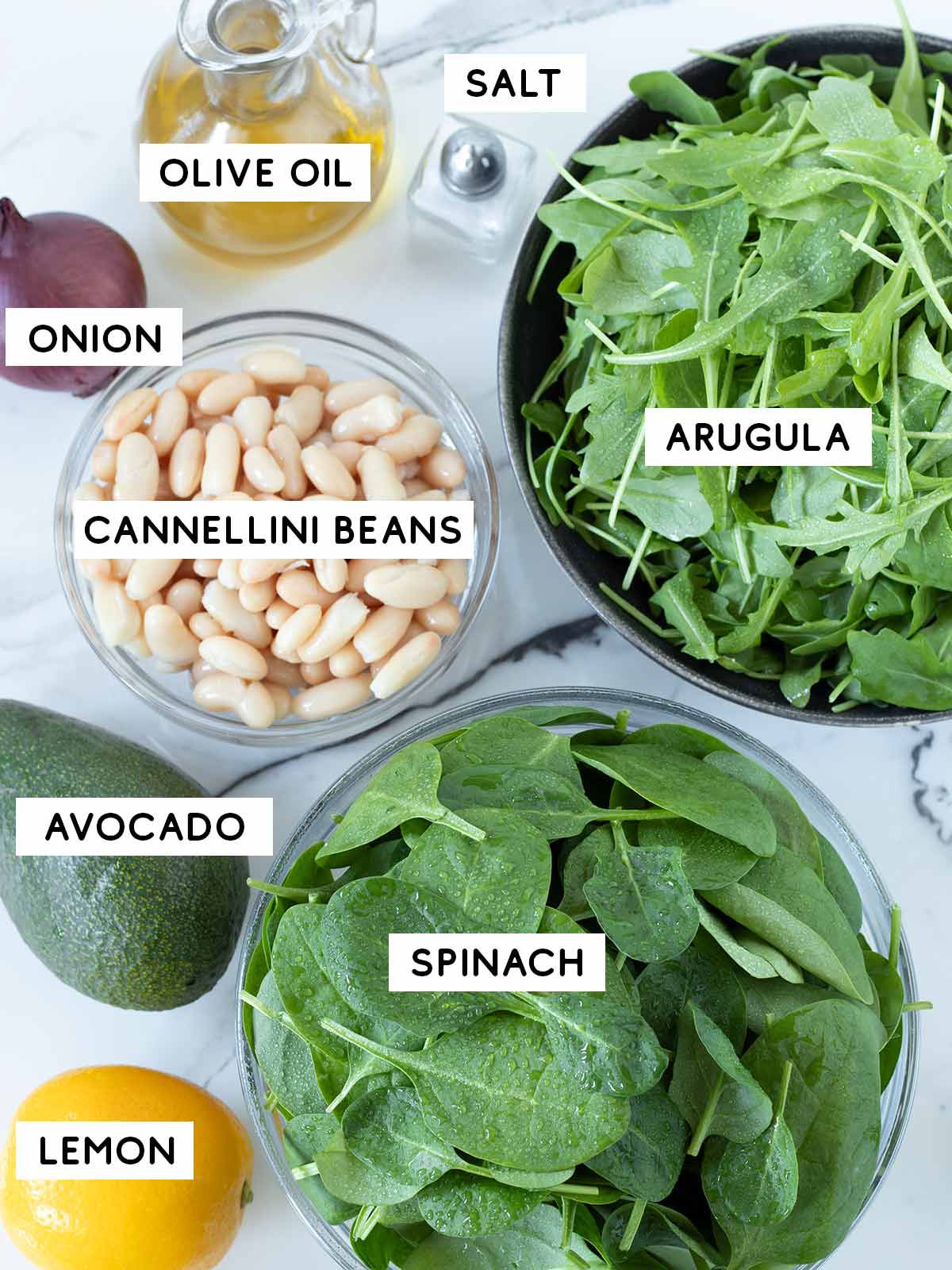 Fresh ingredients for spinach and arugula salad.