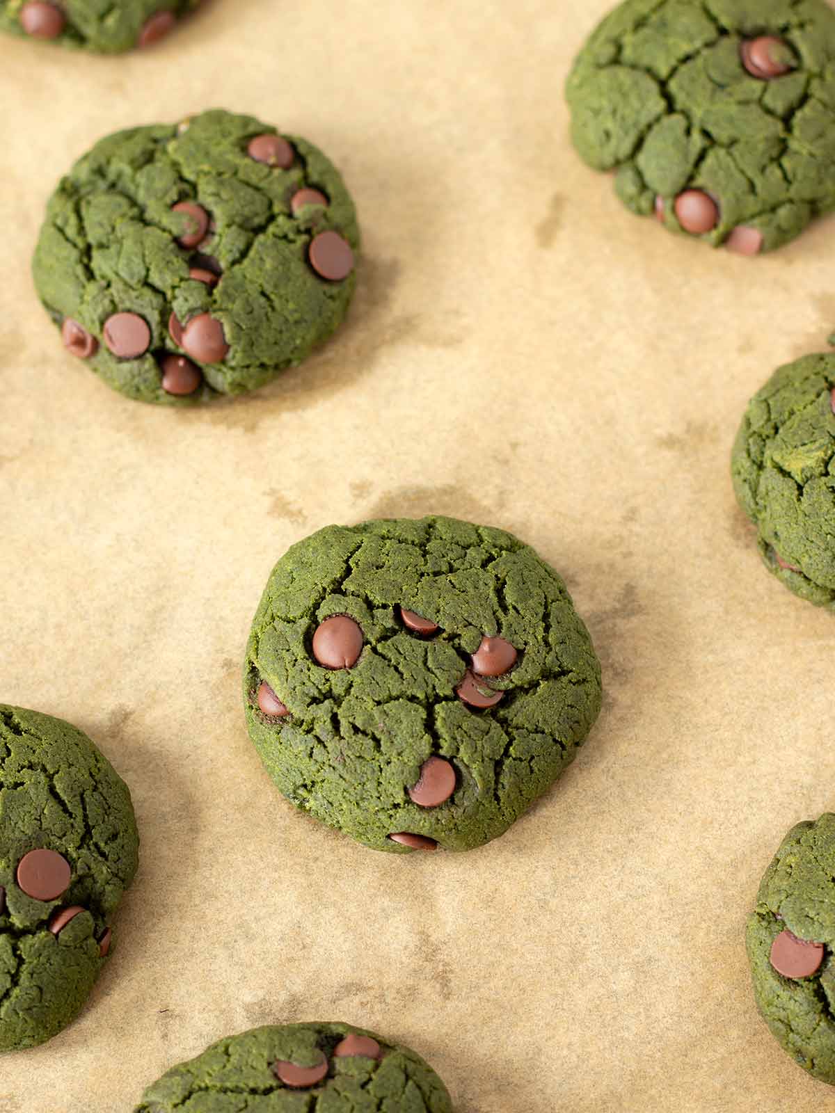 Freshly baked spirulina cookies with chocolate chips.