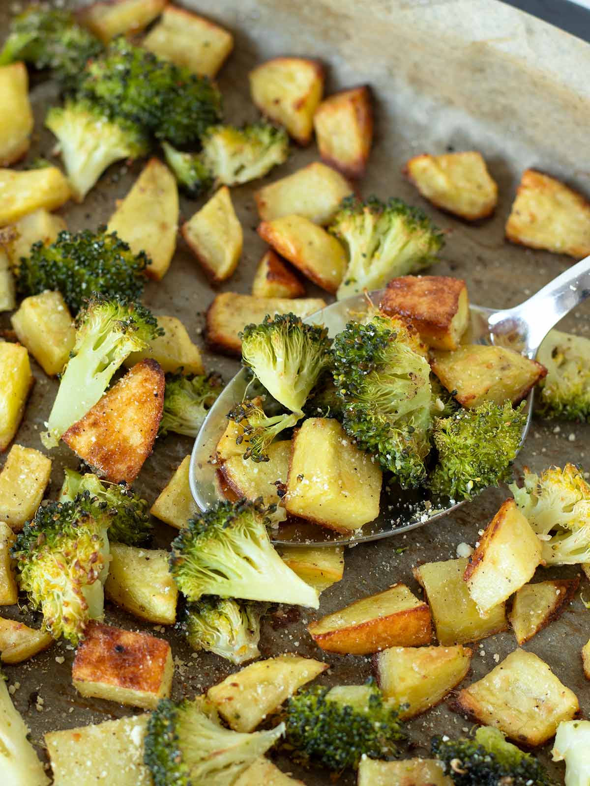Crispy oven roasted potatoes and broccoli.