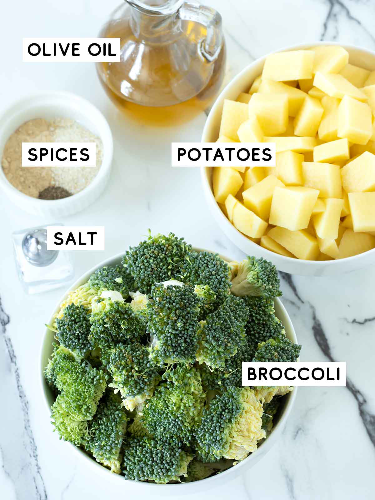 Plant-based ingredients for roasted potatoes and broccoli.