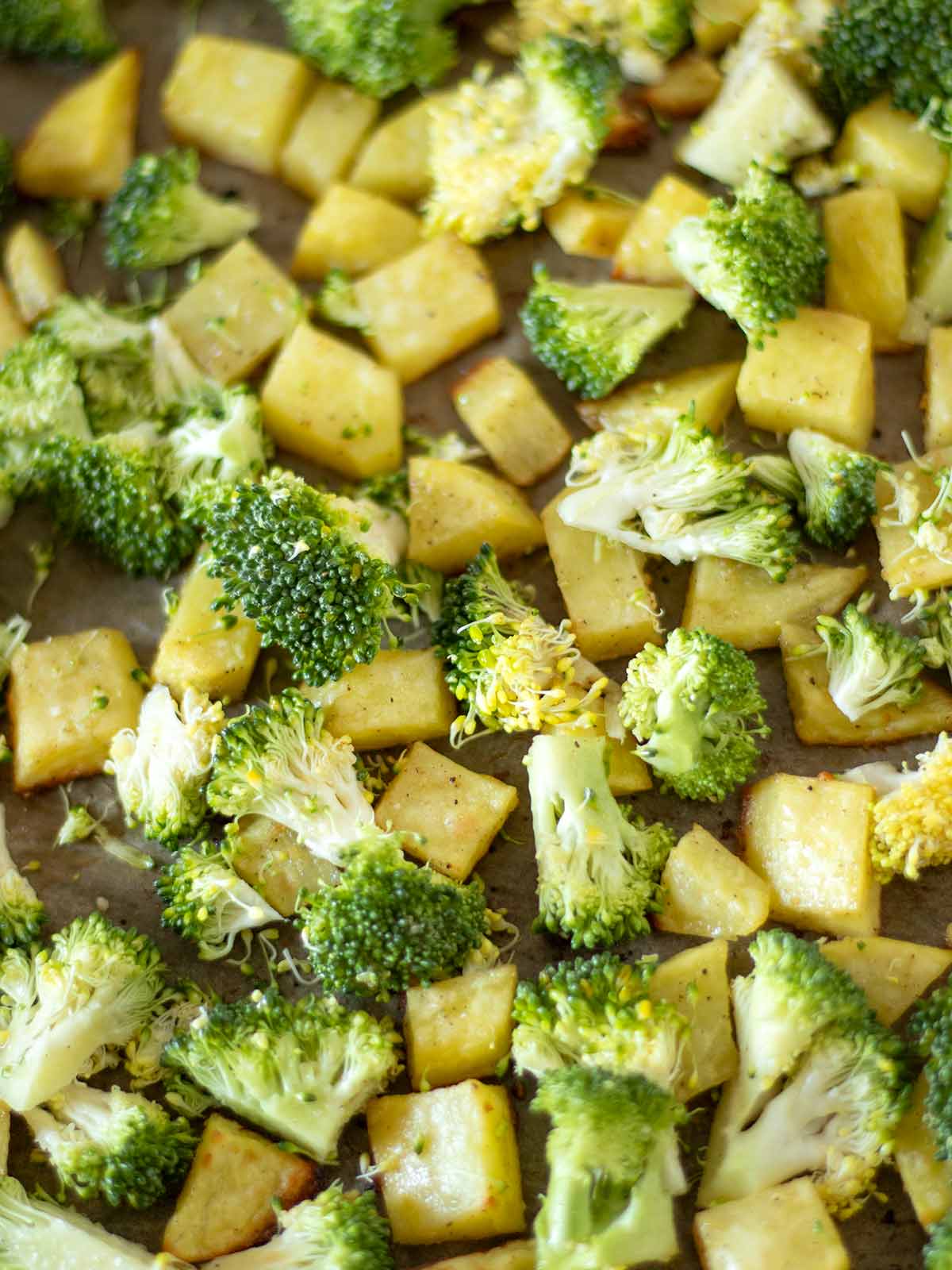 Roasting potatoes and broccoli.