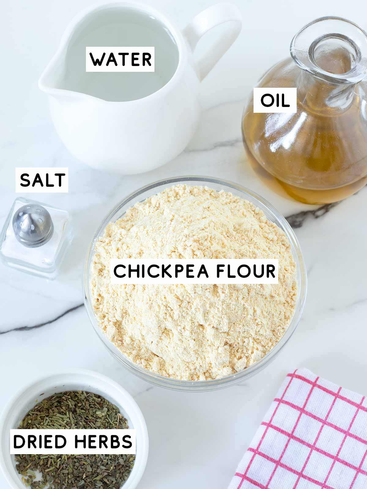 Gluten-free ingredients for homemade chickpea flour pizza crust.