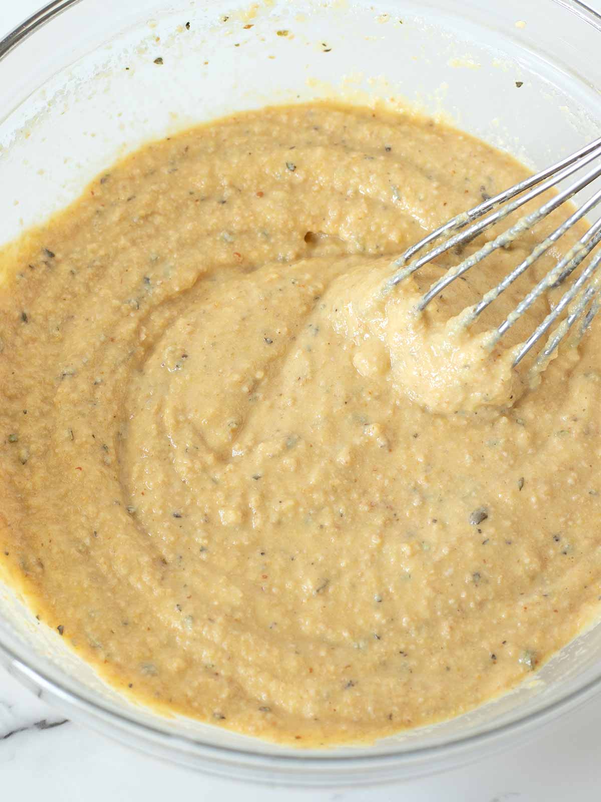 No-knead batter for yeast-free chickpea flour pizza crust.