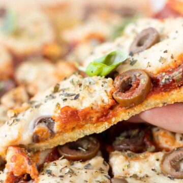 Chickpea flour pizza crust (gluten-free and yeast-free).