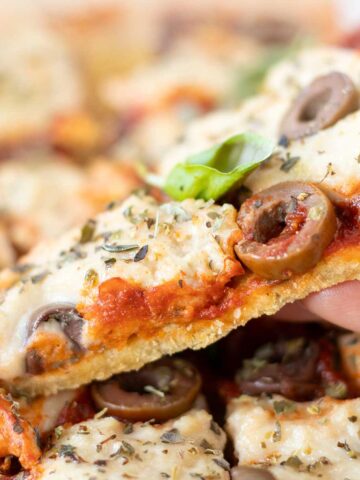 Chickpea flour pizza crust (gluten-free and yeast-free).