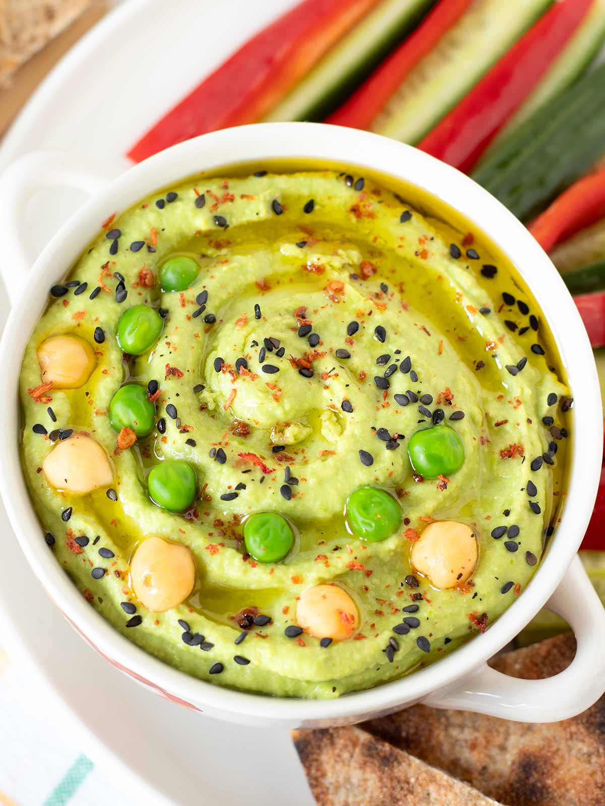 Vegan green pea hummus dip.