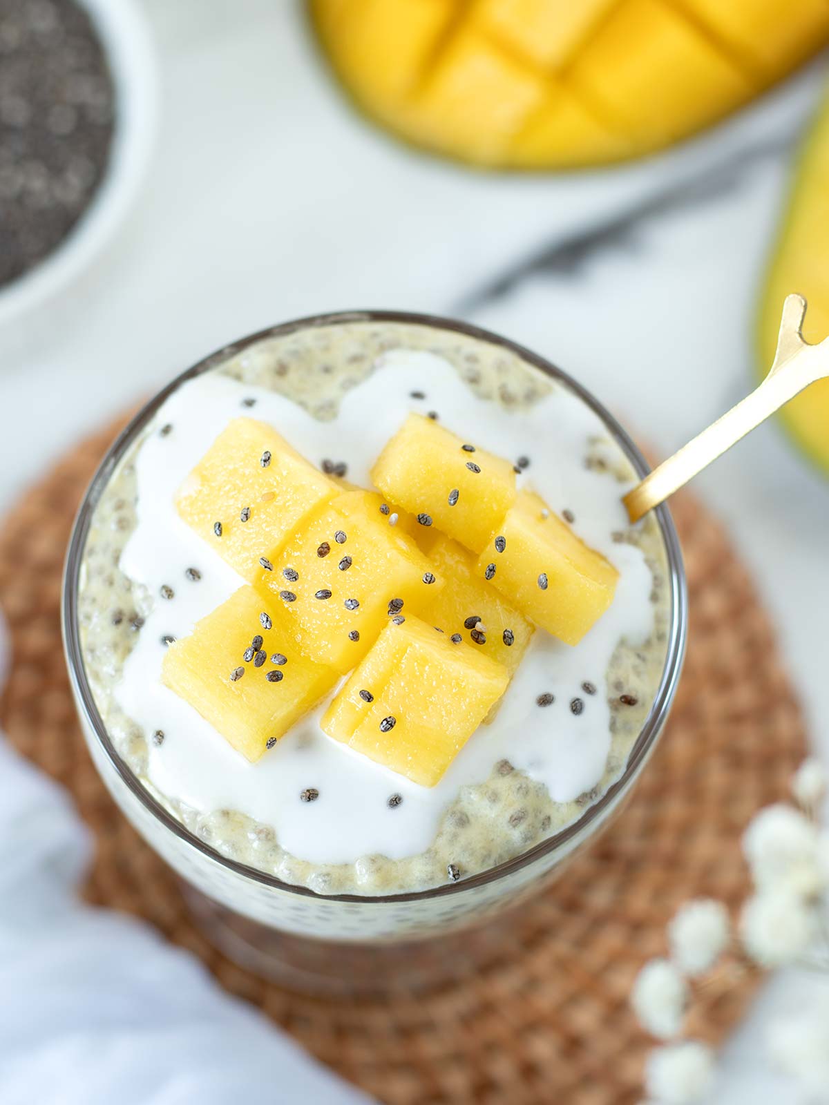 Mango coconut chia pudding for breakfast.