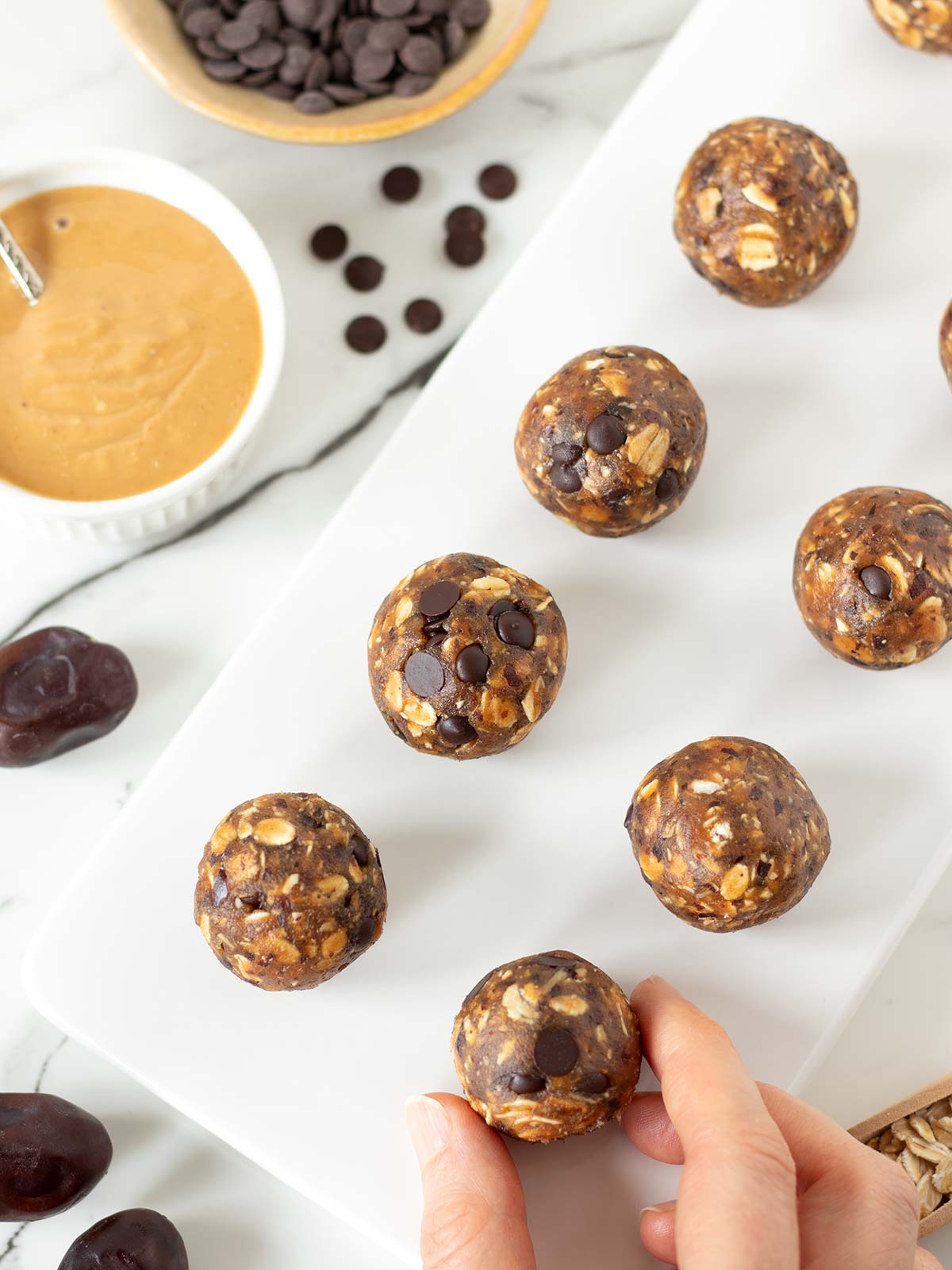 Oat peanut butter date energy bites for snack or dessert.