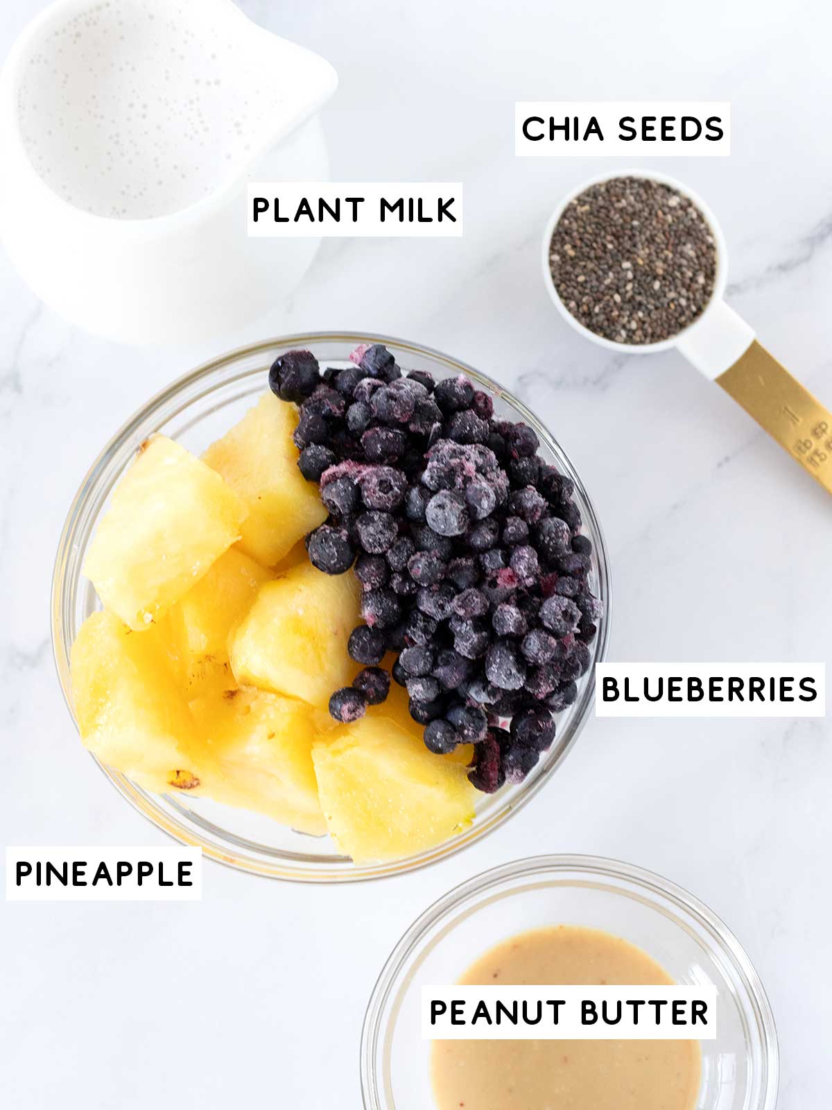 Pineapple blueberry smoothie ingredients.