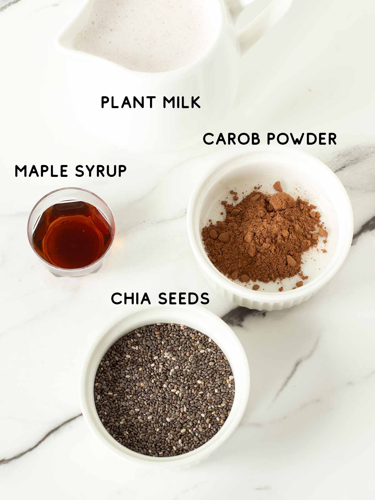 Plant-based ingredients for carob chia pudding.