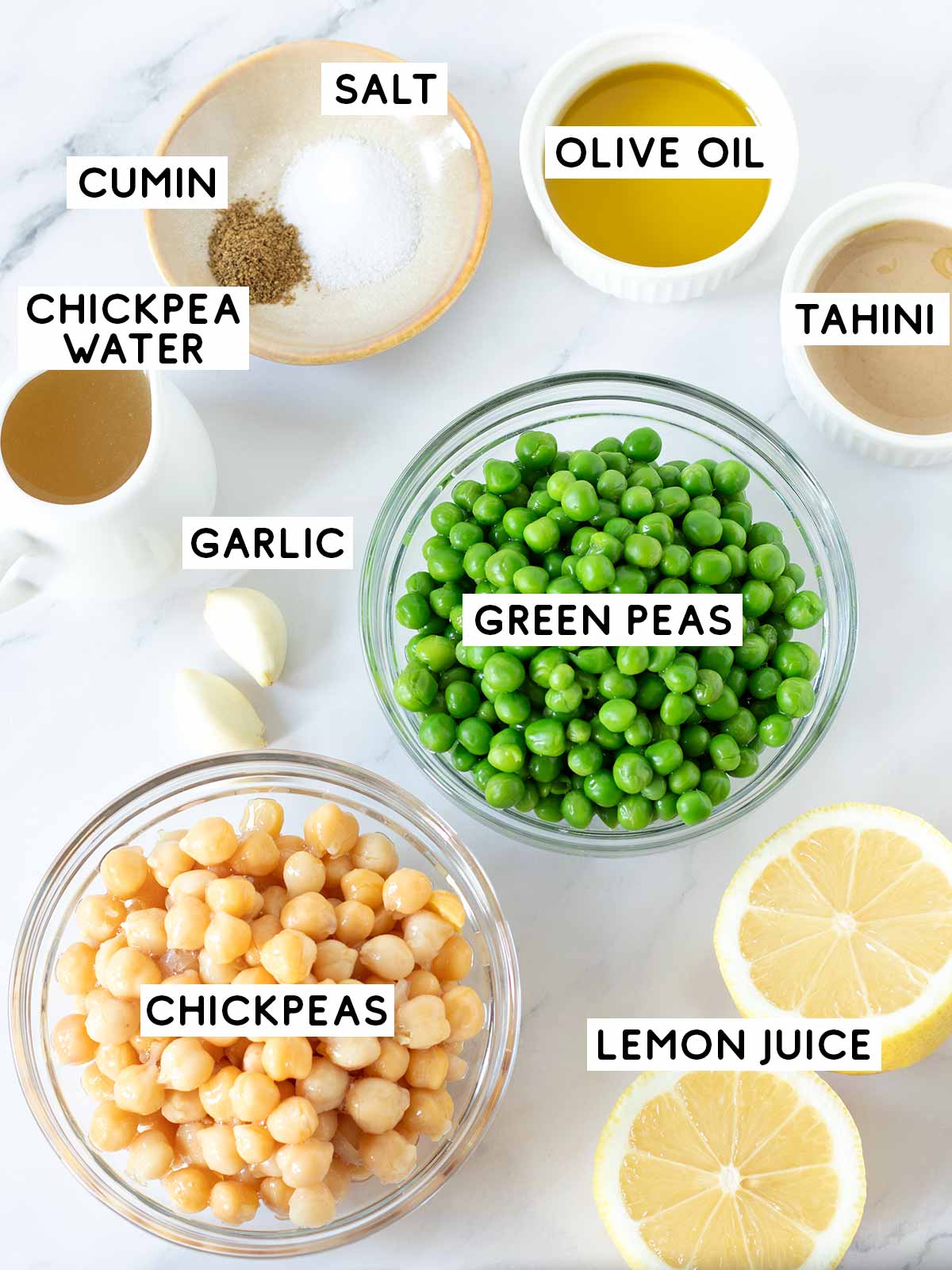 Plant-based ingredients for green pea chickpea hummus.