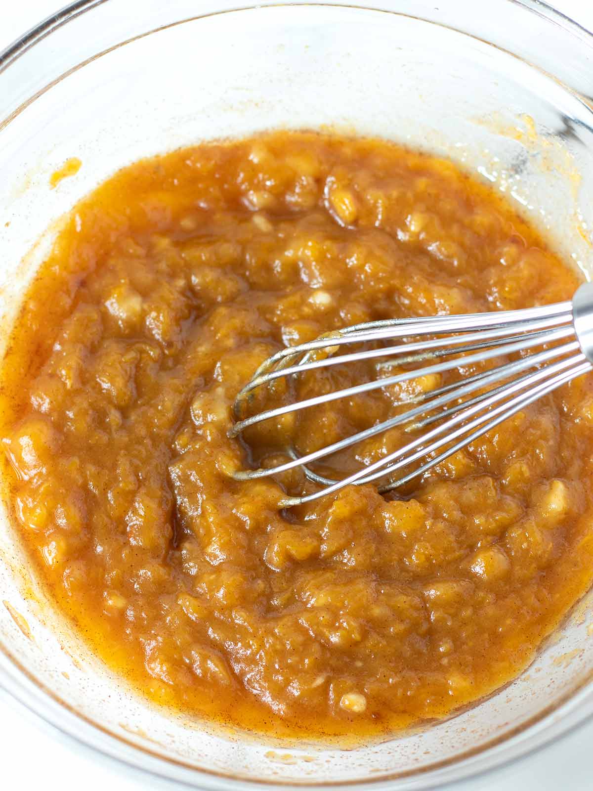 Wet ingredient for eggless pumpkin banana bookies.