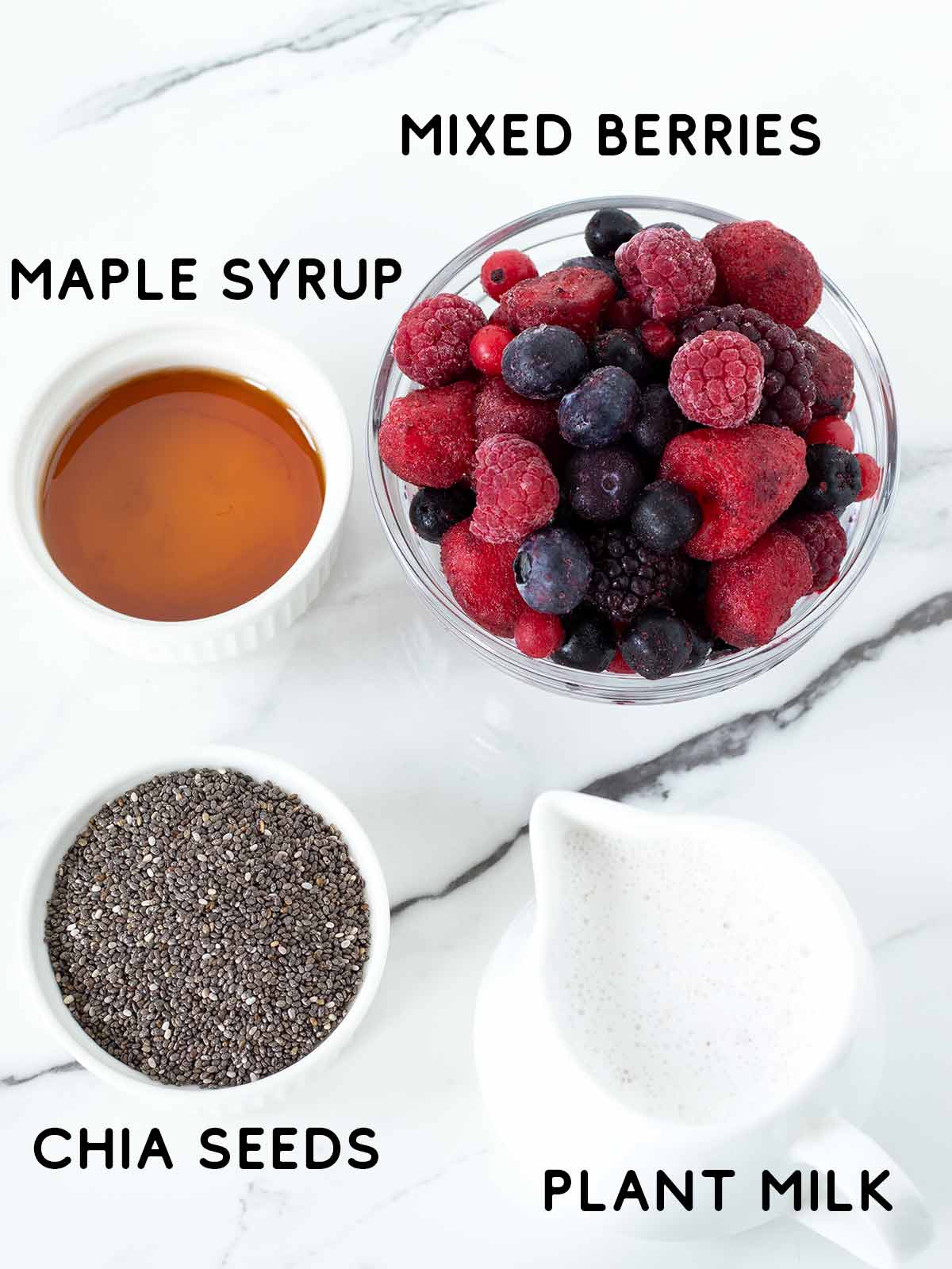 Plant-based ingredients for berry chia pudding.