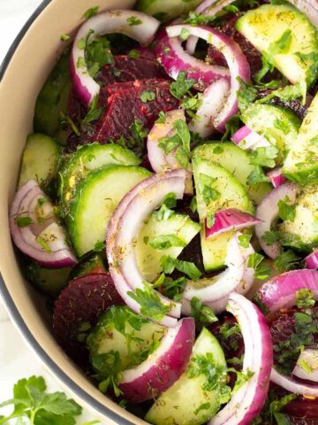 Cucumber beet salad with homemade lemon vinaigrette.