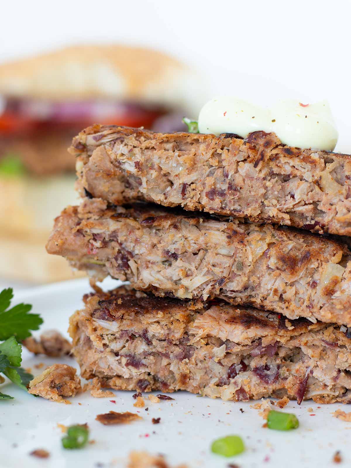 Vegan jackfruit burger patties.