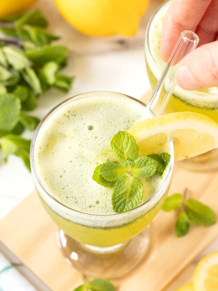 Minty lemonade with fresh mint and lemon juice.