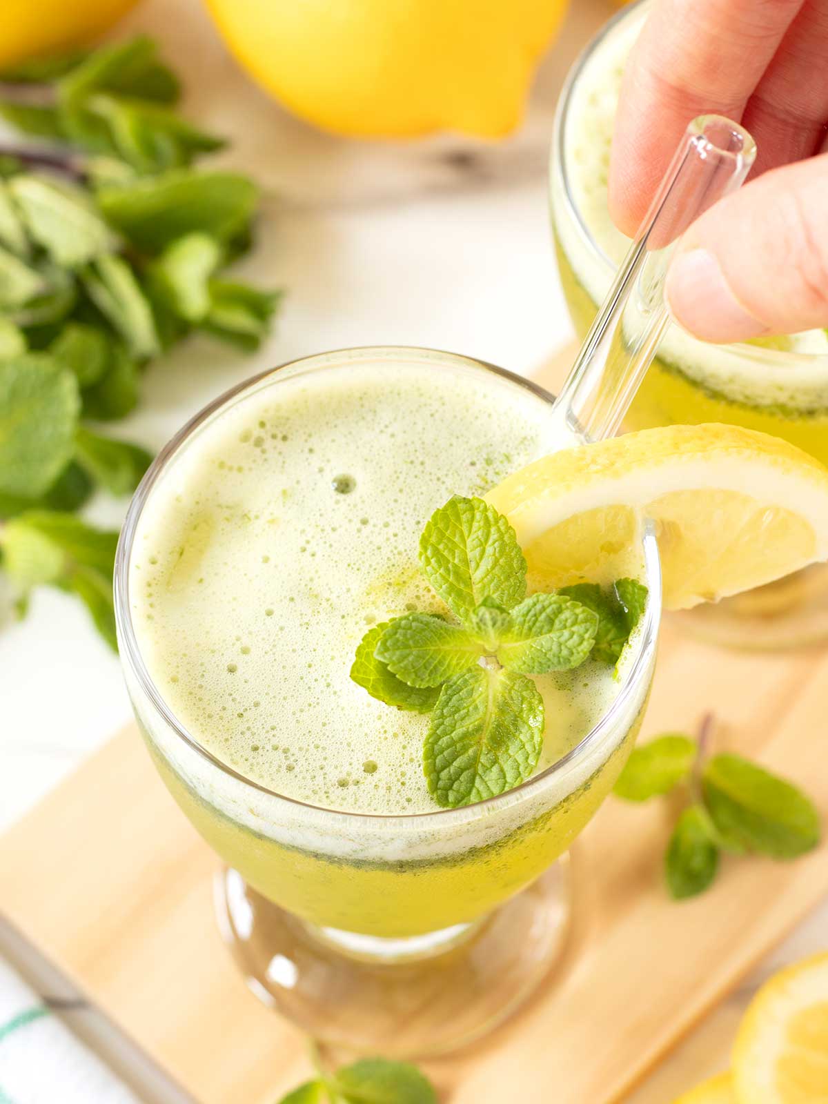 Minty lemonade with fresh mint and lemon juice.