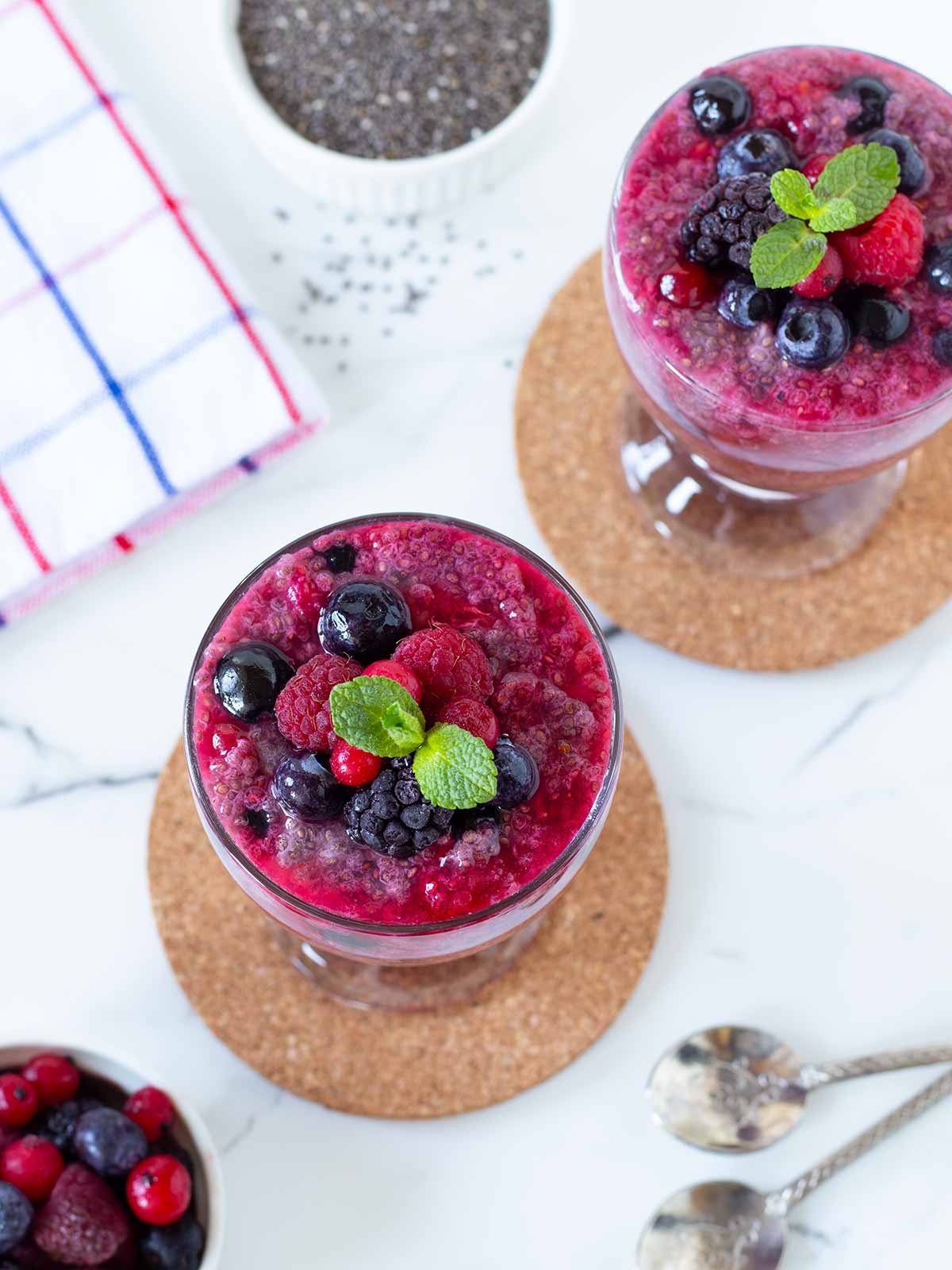 Vegan mixed berry chia pudding for breakfast.
