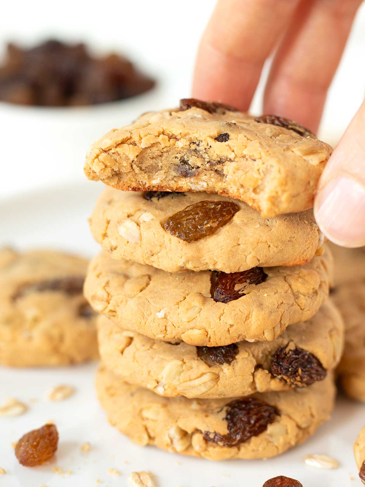 Chewy raisin and oat cookies with protein powder.