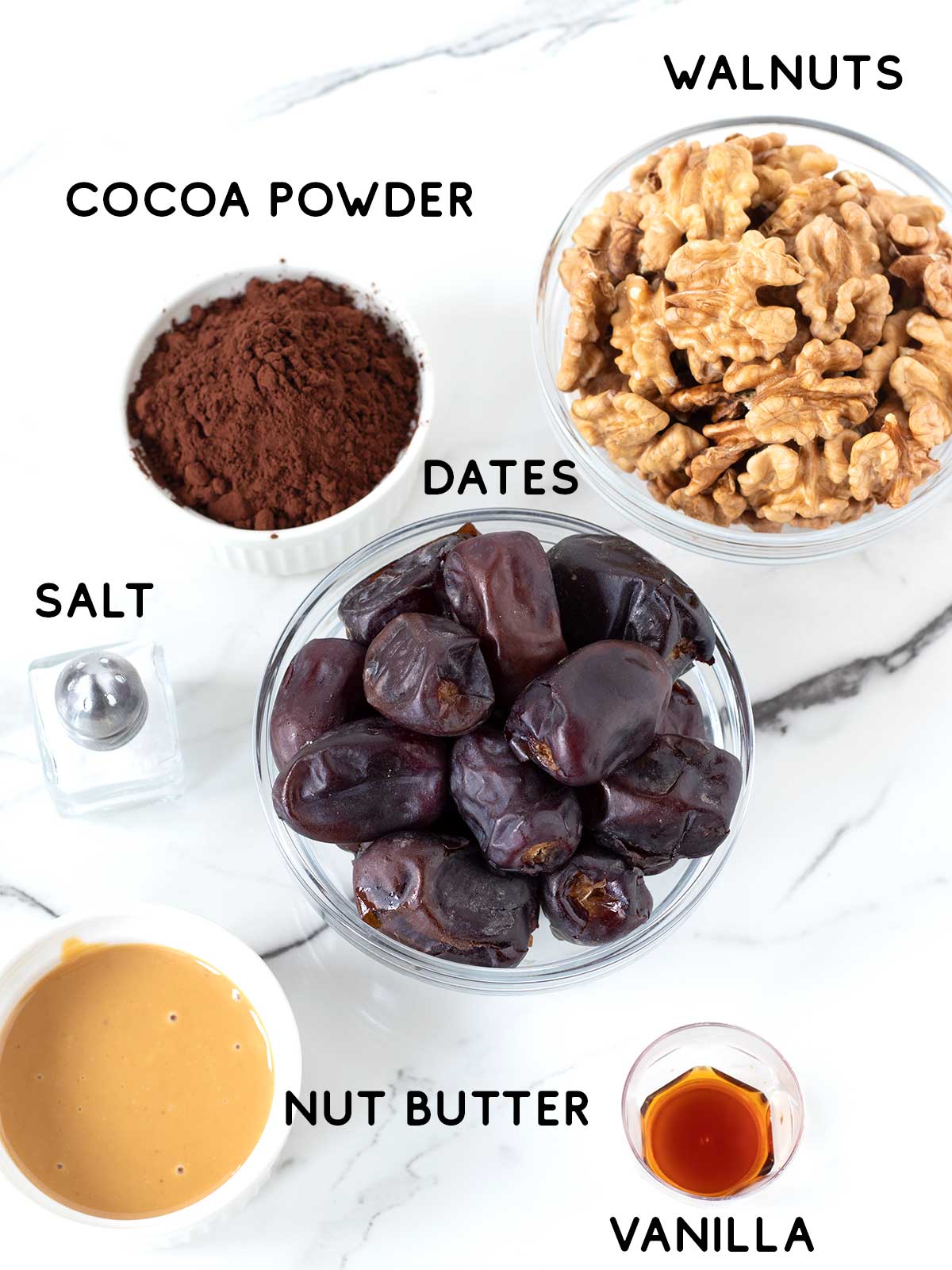 Raw ingredients for no-bake vegan date brownies.