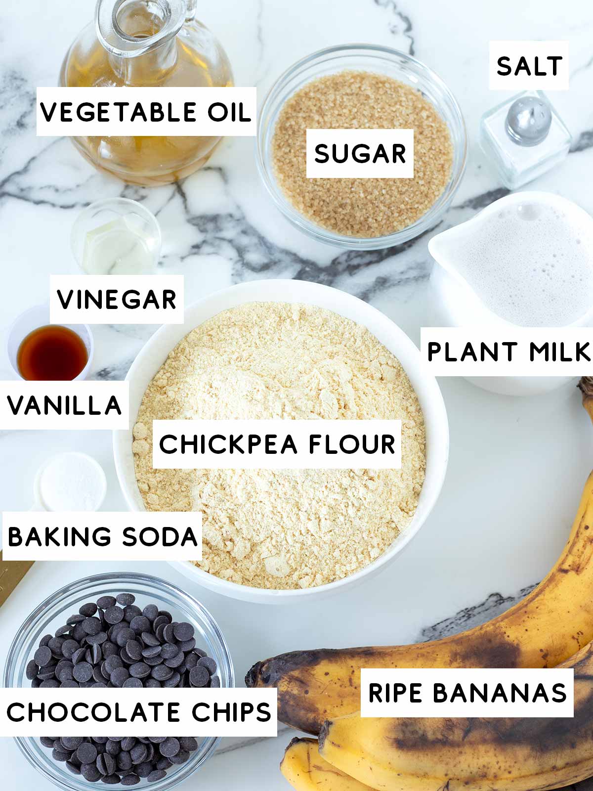 Vegan chickpea flour banana bread ingredients.