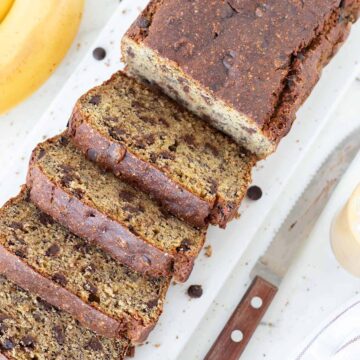 Chickpea flour banana bread with chocolate chips (vegan and gluten-free).