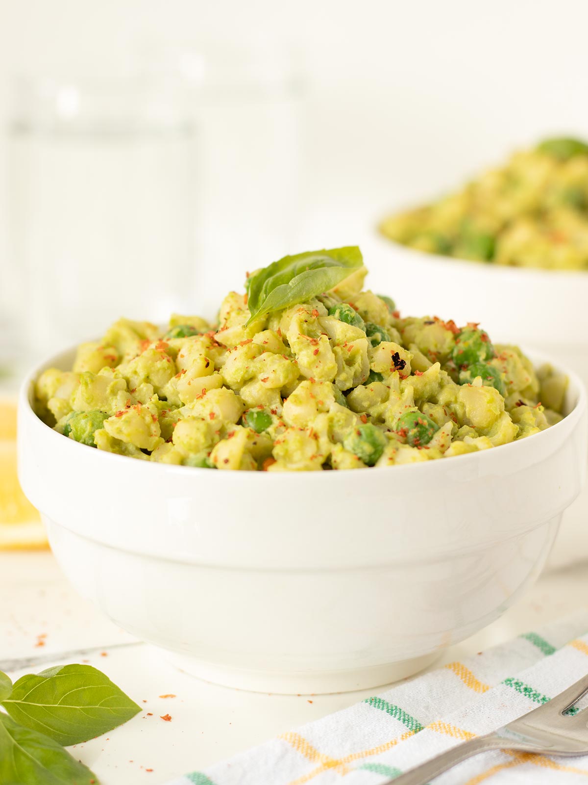 A bowl of vegan green pea pasta.