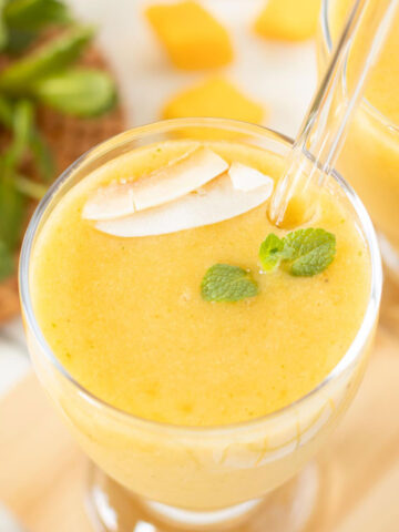 Mango coconut water smoothie with banana and mint.