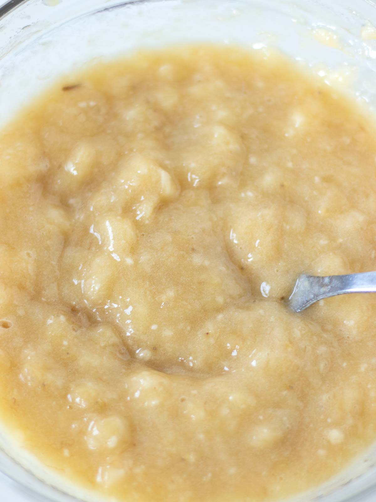 Mashed bananas for gluten-free chickpea flour banana chocolate chip bread.