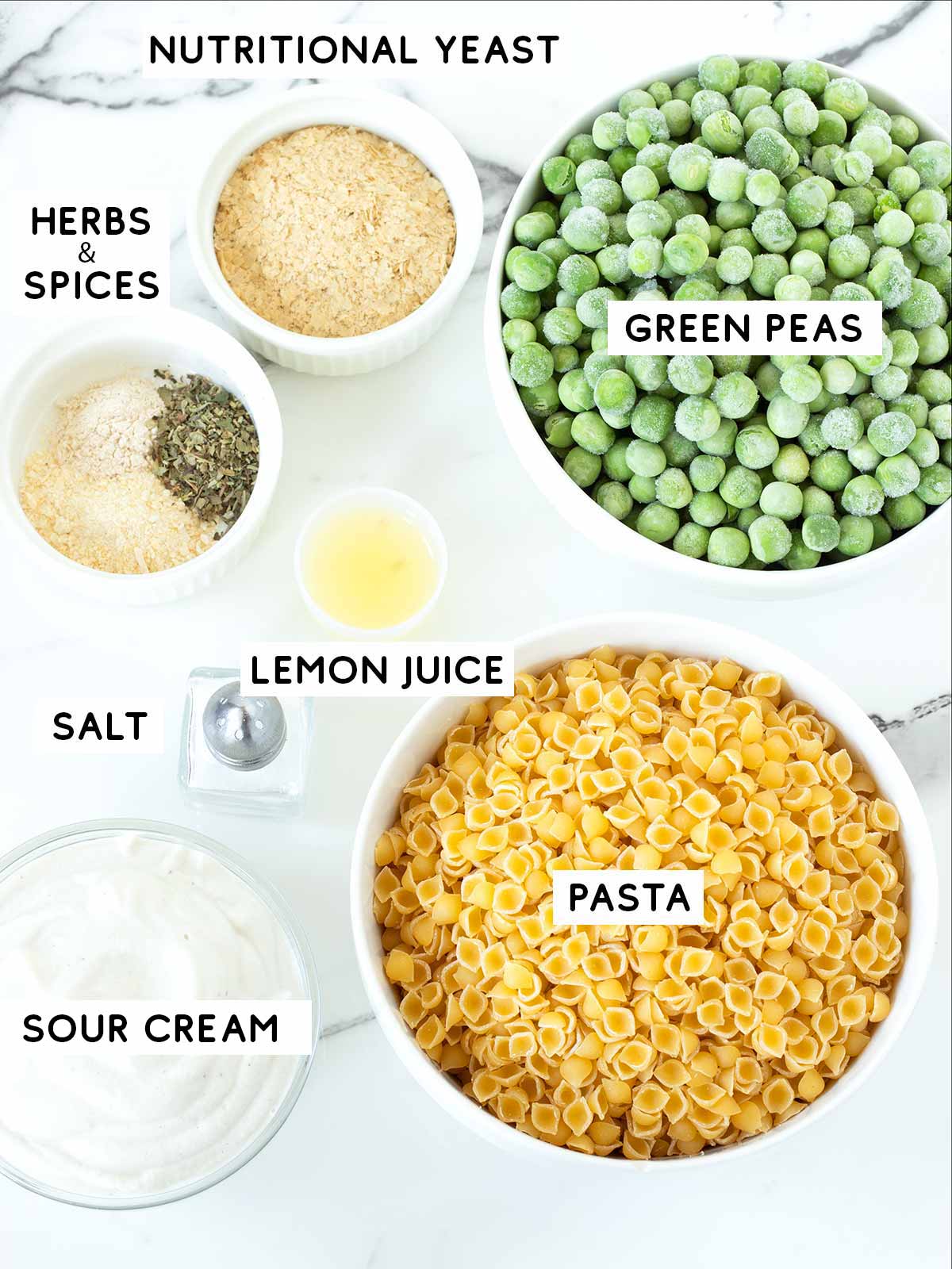 Plant-based ingredients for green peas pasta.