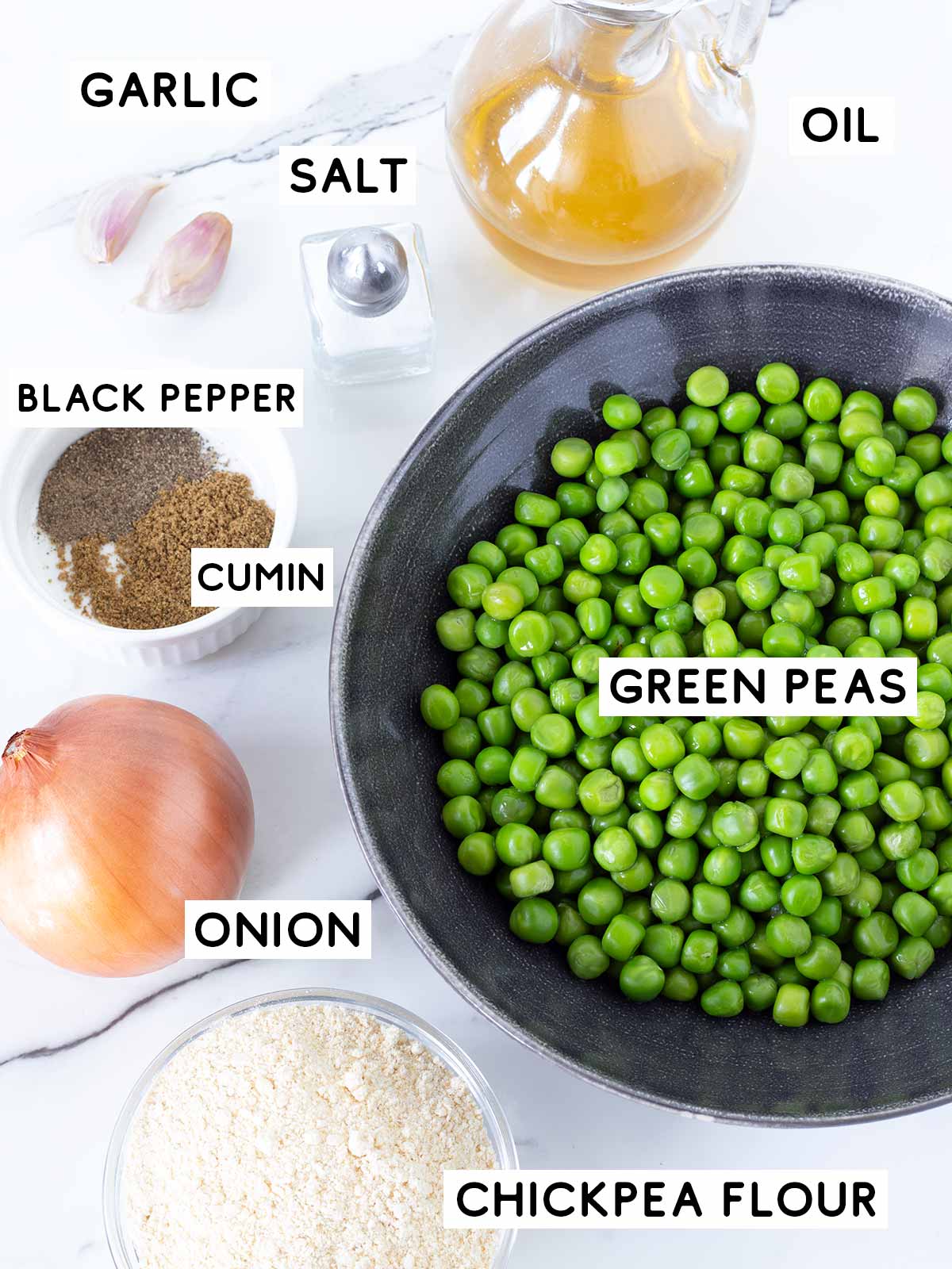 Green pea fritters ingredients.
