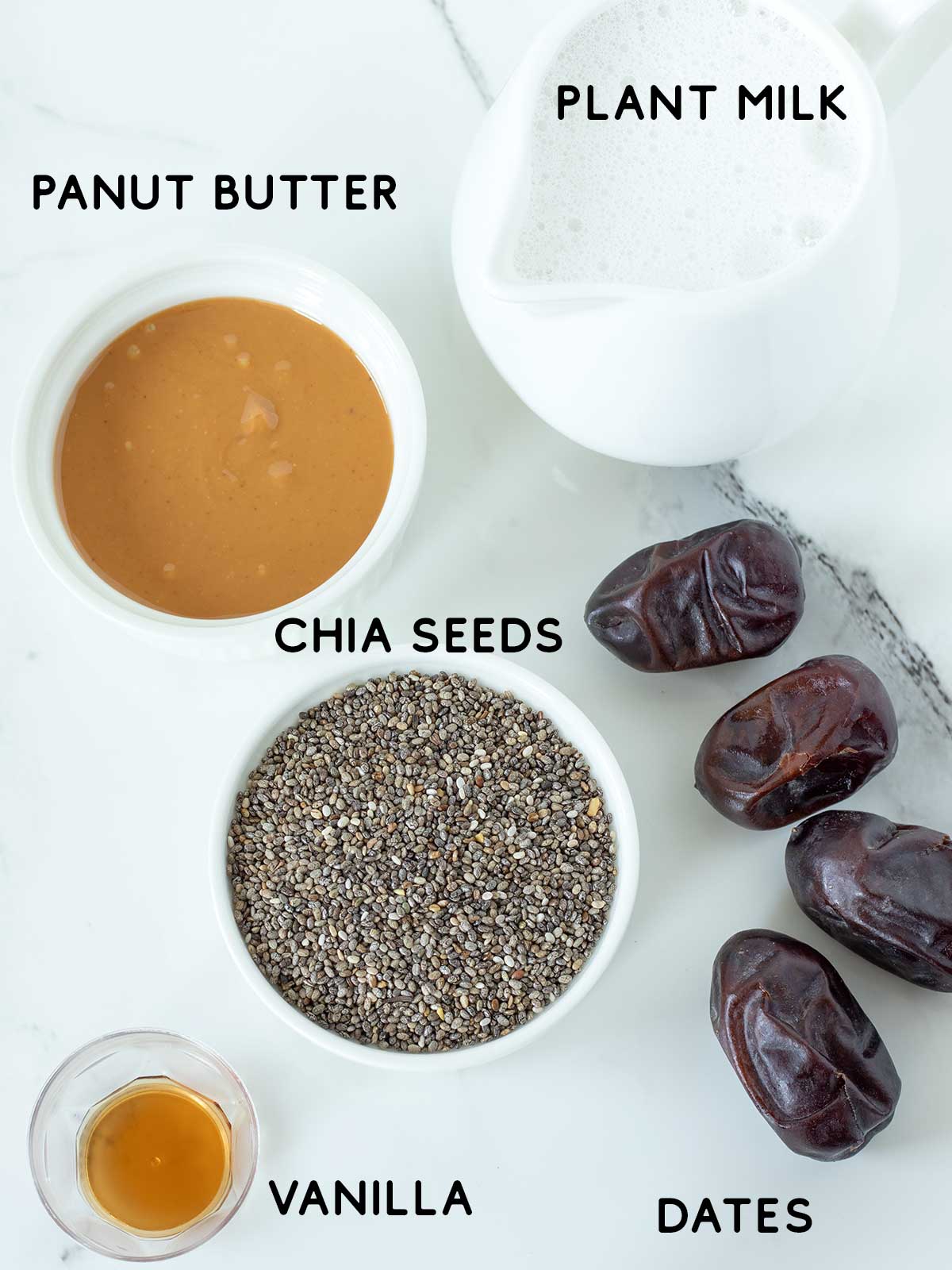 Ingredients for blended chia pudding recipe.