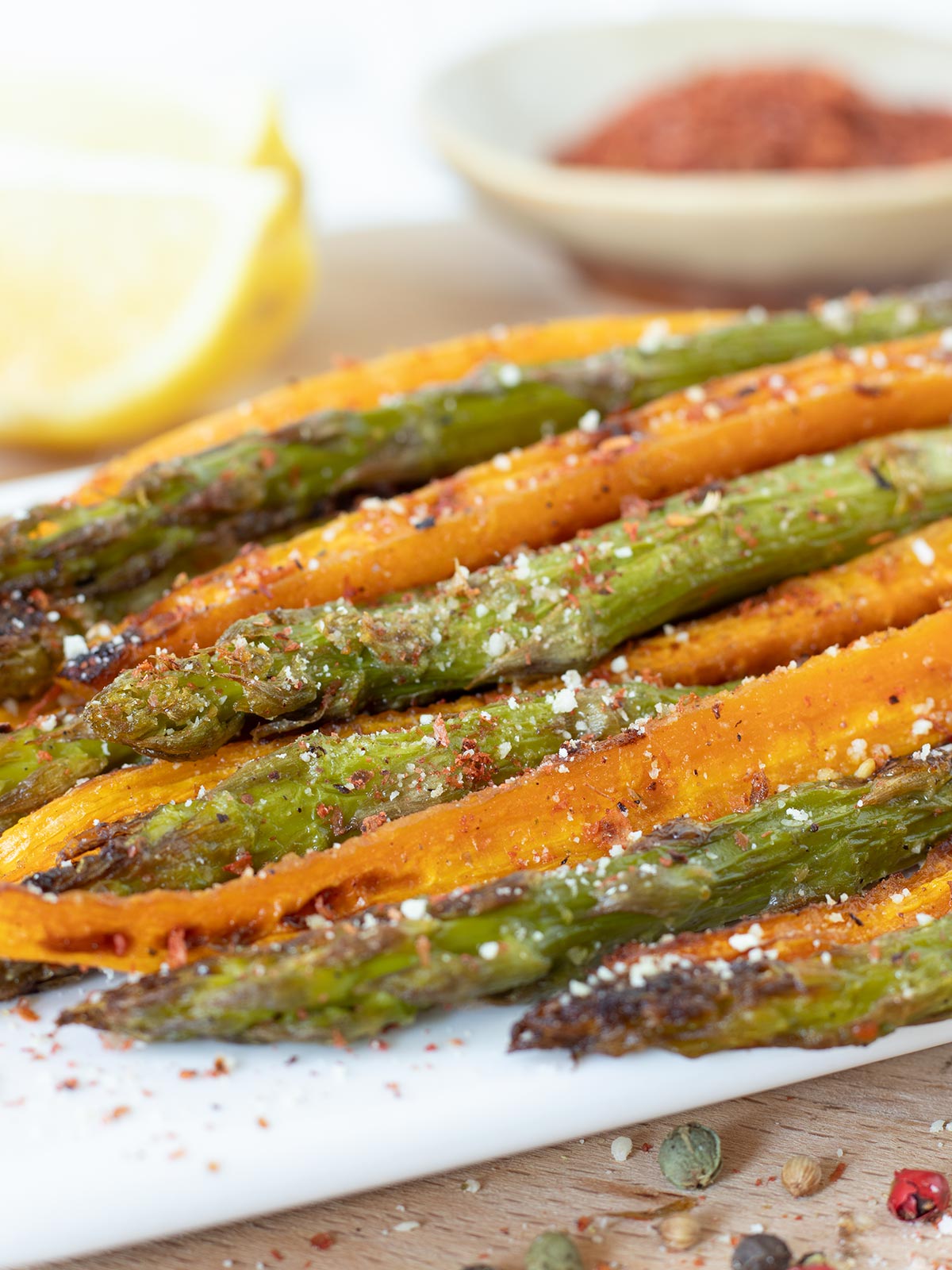 Roasted carrots and asparagus veggie side dish.