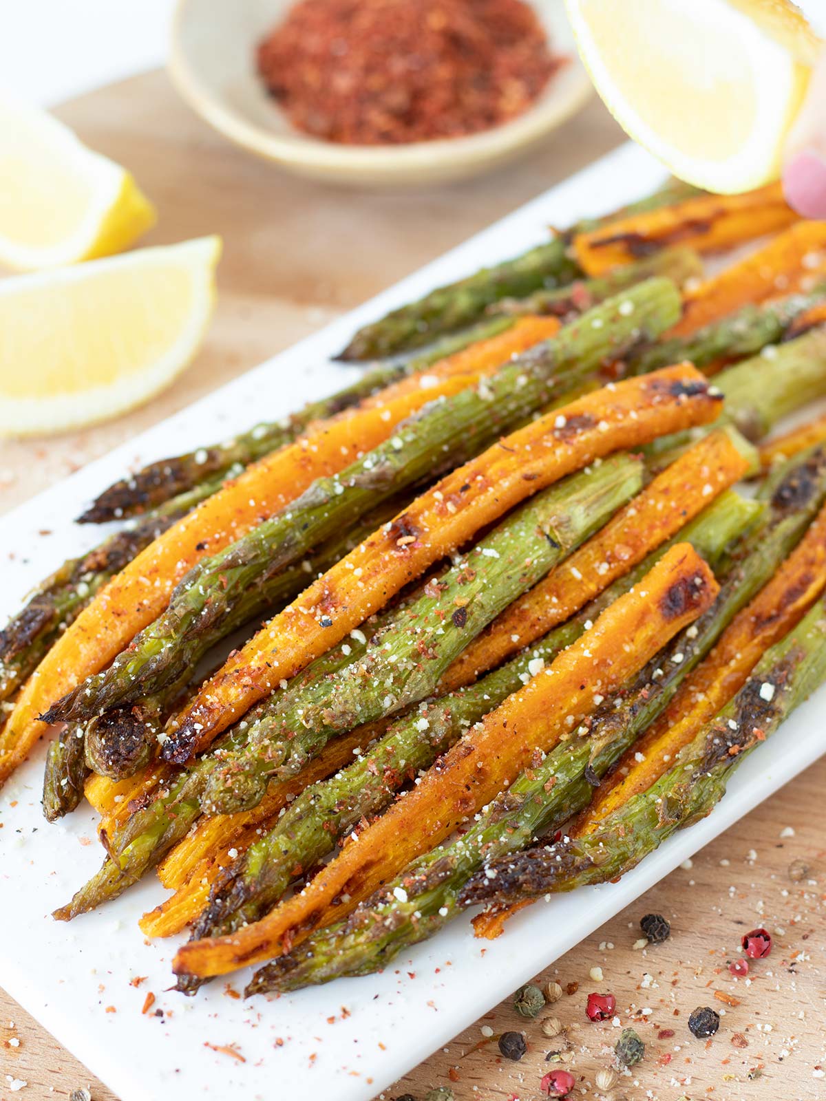 Roasted asparagus and carrots side dish.
