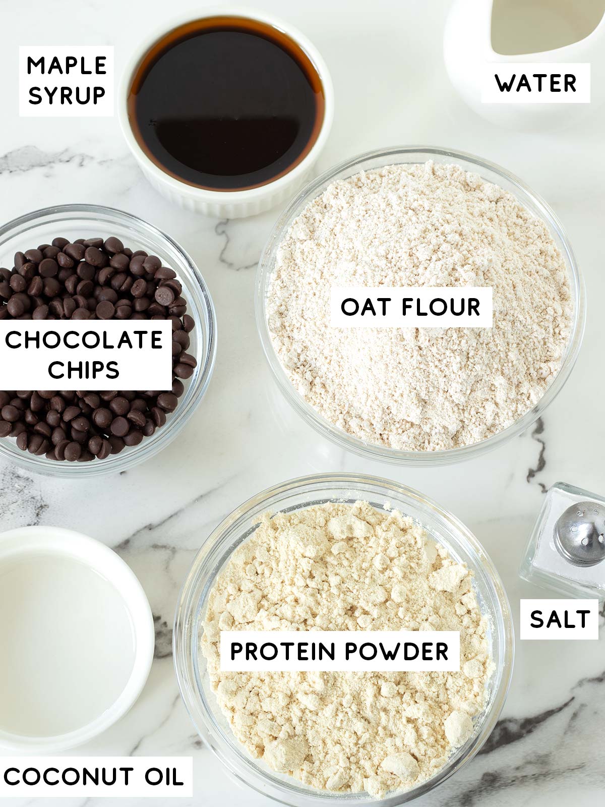 Ingredients for chocolate chip cookie dough protein balls.